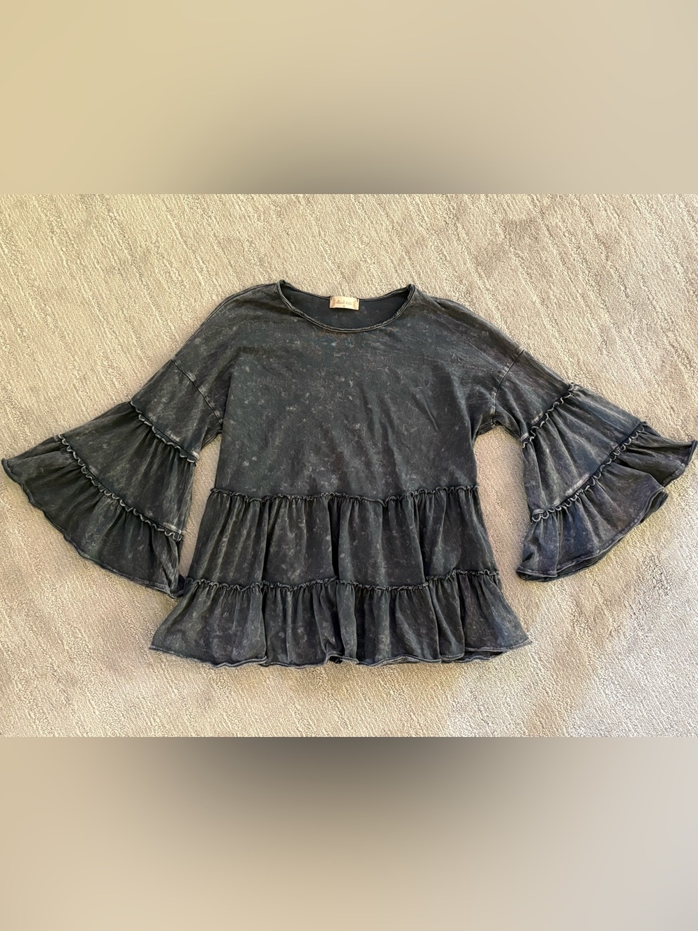 Altar'd State Gray Wallace Blouse S Boho Tiered Ruffle Oversized Bell Sleeve